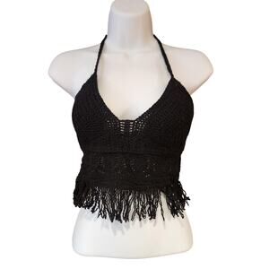 AZ Black Crocheted Triangle Fringed Halter Top With Back Ties Sz S Summer Ready